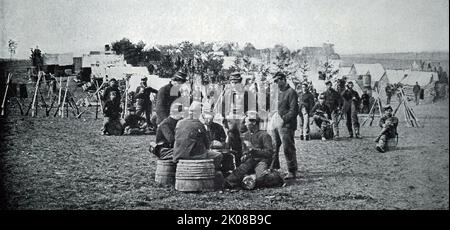 Szene in einem Lager während des amerikanischen Bürgerkrieges. Der amerikanische Bürgerkrieg (12. April 1861 - 9. Mai 1865) war ein Bürgerkrieg in den Vereinigten Staaten zwischen der Union und den Konföderation-Staaten Stockfoto