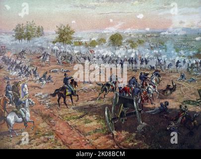 Die Schlacht von Gettysburg wurde vom 1. Bis 3. Juli 1863 in und um die Stadt Gettysburg, Pennsylvania, von Union- und Konföderierten Truppen während des amerikanischen Bürgerkrieges ausgetragen. Der amerikanische Bürgerkrieg (12. April 1861 - 9. Mai 1865) war ein Bürgerkrieg in den Vereinigten Staaten zwischen der Union und den Konföderation-Staaten Stockfoto