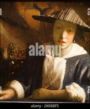 Mädchen mit Flöte, 1665-1675, zugeschrieben Johannes Vermeer (1632. Oktober - 15. Dezember 1675) war eine holländische Barockmalerin, die sich auf häusliche Innenräume des bürgerlichen Lebens spezialisierte Stockfoto