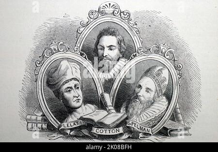 Englische Antiquariate. Schwarz-weiß Illustration von Leland, Cotton und Spelman. John Leland oder Leyland (13 September, c. 1503. - 18. April 1552) war ein englischer Dichter und Antiquar. Sir Robert Bruce Cotton, 1. Baronet (22. Januar 1570/1 - 6. Mai 1631) war Parlamentsmitglied und Antiquar, der die Cotton Library gründete. Sir Henry Spelman (c. 1562 - Oktober 1641) war ein englisches Antiquariat, bekannt für seine detaillierten Sammlungen mittelalterlicher Aufzeichnungen, insbesondere von Kirchenräten Stockfoto