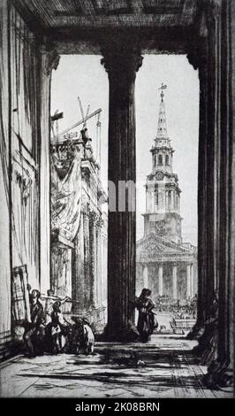 St Martin-in-the-Fields. Dry-Point von Malcolm Osborne CBE RA PPRE (1. August 1880 - 22. September 1963) war ein britischer Originalgrafiker, der für seine Tiefdruckdrucke von Landschaften, Stadtansichten und Porträts bekannt war Stockfoto