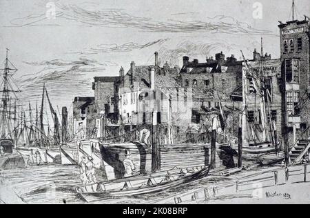 Thames Police, Whapping Wharf, 1859. Radierung von James Abbott McNeill Whistler RBA (11. Juli 1834 - 17. Juli 1903) war ein amerikanischer Maler, der während der amerikanischen Goldzeit tätig war und hauptsächlich in Großbritannien ansässig war Stockfoto