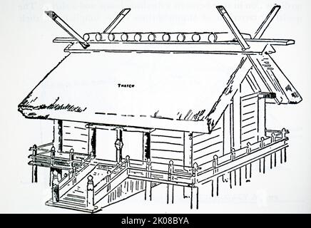 Der große Schrein von Ise in Ise, Präfektur Mie von Japan, ist ein schintoistischer Schrein, der der Sonnengöttin Amaterisu gewidmet ist. Offiziell einfach als Jingu bekannt, ist Ise Jingu ein Schreinkomplex, der aus vielen Shinto-Schreinen besteht, die sich auf zwei Hauptschreine, Naiku und Geku, konzentrieren. Skizze mit dem Entwurf des Hauptschreines von Yamada Stockfoto