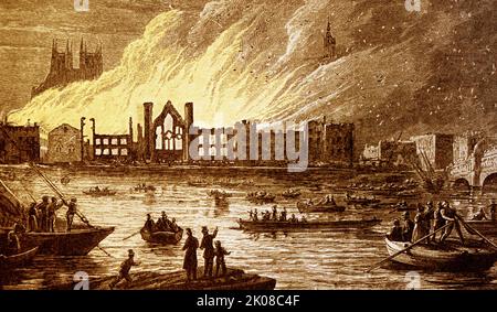 Brennende Parlamentsgebäude, Oktober 1834. Der Palast von Westminster, der mittelalterliche königliche Palast, der als Sitz des britischen parlaments diente, wurde am 16. Oktober 1834 durch einen Brand weitgehend zerstört Stockfoto