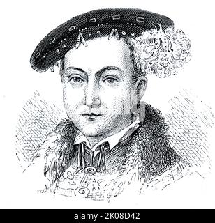 Edward VI. (12. Oktober 1537 - 6. Juli 1553) war vom 28. Januar 1547 bis zu seinem Tod im Jahr 1553 König von England und Irland. Er wurde am 20. Februar 1547 im Alter von neun Jahren gekrönt. Edward war der Sohn von Henry VIII und Jane Seymour und der erste englische Monarch, der als Protestant aufgezogen wurde. Während seiner Regierungszeit wurde das Reich von einem regentschaftsrat regiert, weil er nie die Reife erreicht hatte Stockfoto