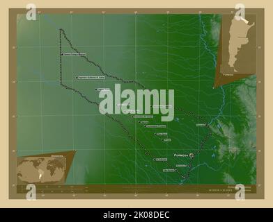 Formosa, Provinz Argentinien. Farbige Höhenkarte mit Seen und Flüssen. Orte und Namen der wichtigsten Städte der Region. Ecke Zusatzlokat Stockfoto
