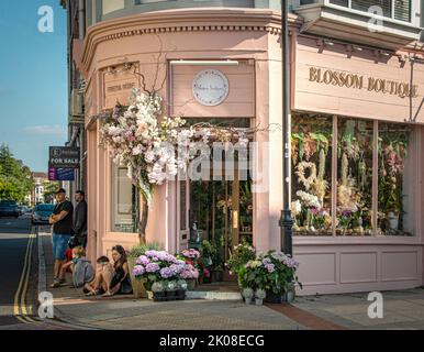 Blumengeschäft rosa gestrichen an der Ecke der Straße in Southsea, Großbritannien. Stockfoto