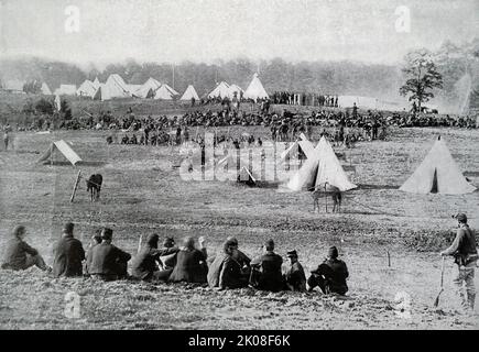 Soldaten im Lager während des amerikanischen Bürgerkrieges (12. April 1861 - 9. Mai 1865) ein Bürgerkrieg in den Vereinigten Staaten zwischen den Unionsstaaten und den Konföderation-Staaten Stockfoto