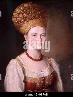 Porträt einer unbekannten Frau in russischer Kleidung, 1784 von Ivan Petrowitsch Argunow (1729 - 1802) war ein russischer Maler, einer der Vorfahren eines Kammerporträts in russischer Kunst Stockfoto