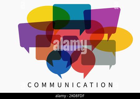 Wortkommunikation mit bunten, bunten Dialog-Sprechblasen. Illustration des Kommunikationskonzepts auf weißem, isoliertem Hintergrund. Stockfoto