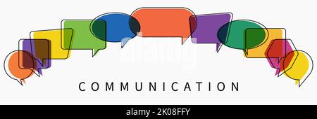 Wortkommunikation mit bunten bunten bunten Dialog Doodle Sprechblasen. Illustration des Kommunikationskonzepts auf weißem isolierten Hintergrund. Flach Stockfoto