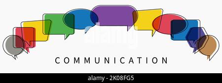 Wortkommunikation mit bunten, bunten Dialog-Sprechblasen. Illustration des Kommunikationskonzepts auf weißem, isoliertem Hintergrund. Stockfoto