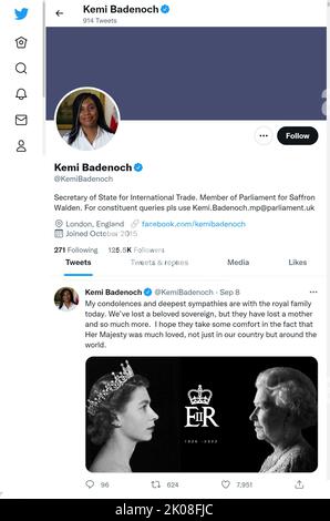 Twitter-Seite (September 2022) des Abgeordneten Kemi Badenoch - des internationalen Handelsministers - kurz nach dem Tod von Königin Elizabeth II Stockfoto