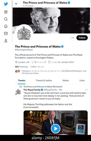 Twitter-Seite (September 2022) des Prinzen und der Prinzessin von Wales - William und Catherine - kurz nach dem Tod von Königin Elizabeth II Stockfoto