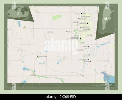 La Pampa, Provinz Argentinien. Öffnen Sie Die Straßenkarte. Orte und Namen der wichtigsten Städte der Region. Karten für zusätzliche Eckposition Stockfoto