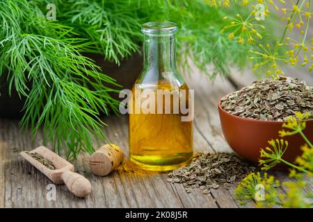 Eine Flasche Dillsamen Öl, ein paar frische grüne Dill und eine Schüssel getrocknete Fenchelsamen auf einem Holzbrett. Alternative Kräutermedizin. Nützliche Gewürzmischung für Stockfoto