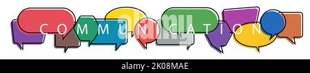 Wortkommunikation mit bunten bunten bunten Dialog Doodle Sprechblasen. Illustration des Kommunikationskonzepts auf weißem isolierten Hintergrund. Flach Stockfoto