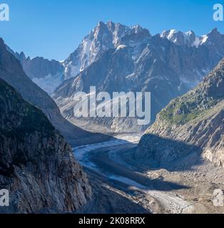 Chamonix - Grand Jorasses-Massiv und Mer de Glace-Gletscher von Montenvers. Stockfoto