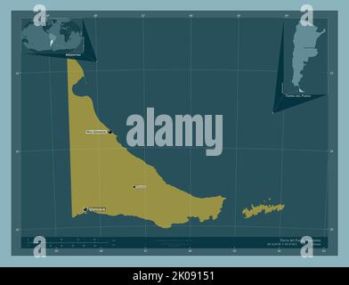 Tierra del Fuego, Staatsgebiet von Argentinien. Einfarbige Form. Orte und Namen der wichtigsten Städte der Region. Karte für zusätzliche Eckposition Stockfoto