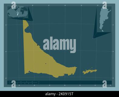 Tierra del Fuego, Staatsgebiet von Argentinien. Einfarbige Form. Standorte der wichtigsten Städte der Region. Karten für zusätzliche Eckposition Stockfoto