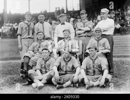 Baseballspiele, Kongress - Front Row: Kinkead of New Jersey; Pat Harrison; Murray of Massachusetts. 2. Reihe: Nicht identifiziert; Edwards von Georgia; McDermott von Illinois; hintere Reihe: Weiß von Ohio; nicht identifiziert; Tom Reilly von Connecticut; Webb von North Carolina; Rauch von Indiana, 1912. Stockfoto