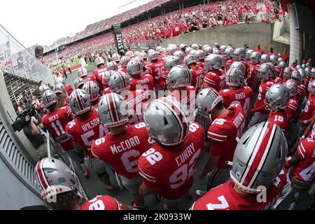 Columbus, Usa. 10. September 2022. Die Ohio State Buckeyes bereiten sich darauf vor, am Samstag, den 10. September 2022, gegen die Arkansas State Red Wolves in Columbus, Ohio, antreten zu können. Foto von Aaron Josefczyk/UPI Credit: UPI/Alamy Live News Stockfoto