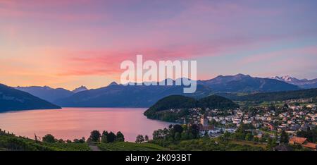 Ein schöner Sommersonnenaufgang in Spiez am Thunersee im Berner Oberland. Spiez gehört zum Schweizer Kanton Bern in der Zentralschweiz. T Stockfoto