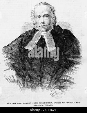 Porträt des verstorbenen Pastors Vincent Philip Mayerhofer, Pfarrer von Vaughan und Markham, Kanada (1861). 19.. Jahrhundert Illustration aus Frank Leslie's Illustrated Newspaper Stockfoto