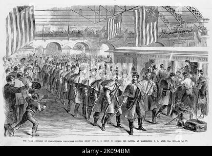 Das 6. Regiment von Massachusetts verlässt freiwillig das Eisenbahndepot von Jersey City, um das Kapitol in Washington D. C. zu verteidigen, 18.. April 1861. Illustration des amerikanischen Bürgerkriegs des 19.. Jahrhunderts aus Frank Leslie's Illustrated Newspaper Stockfoto