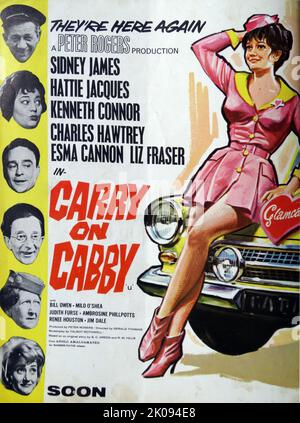 Plakat Werbung 1963 Film Carry On Cabby, mit Sid James, Hattie Jacques, Kenneth Connor und Charles Hawtrey. Stockfoto