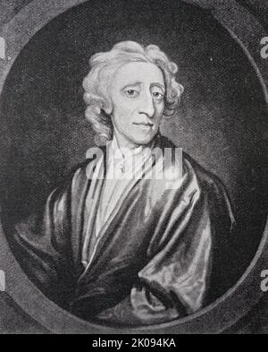 Druck von John Locke, nach einem Gemälde von Kneller. John Locke FRS (29. August 1632 - 28. Oktober 1704) war ein englischer Philosoph und Arzt, weithin als einer der einflussreichsten Denker der Aufklärung und allgemein bekannt als der Vater des Liberalismus angesehen. Stockfoto