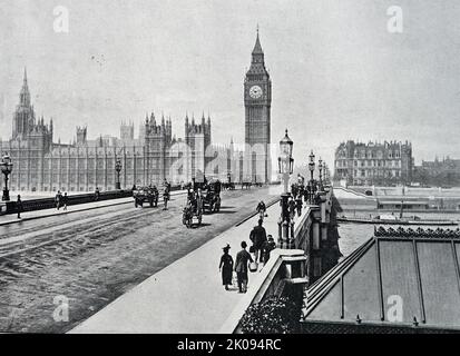 Die Westminster Bridge ist eine Straßen- und Fußgängerbrücke über die Themse in London, die Westminster auf der Westseite und Lambeth auf der Ostseite verbindet. Erbaut zwischen 1856-1862. Stockfoto