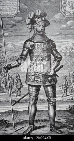 Der Schwarze Prinz, aus einem alten Druck. Edward von Woodstock, der in der Geschichte als der Schwarze Prinz bekannt ist (15. Juni 1330 - 8. Juni 1376), war der älteste Sohn von König Edward III von England und der Erbe, der dem englischen Thron offensichtlich war. Er starb vor seinem Vater und so gelang es seinem Sohn Richard II., stattdessen auf den Thron zu gehen. Edward wurde dennoch als einer der erfolgreichsten englischen Kommandeure während des Hundertjährigen Krieges ausgezeichnet, da er von seinen englischen Zeitgenossen als Vorbild der Ritterlichkeit und als einer der größten Ritter seiner Zeit angesehen wurde. Stockfoto