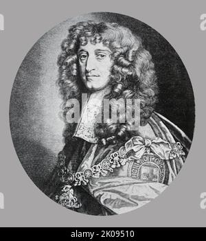 Prinz Rupert, aus einem Gemälde von Lely. Prinz Rupert vom Rhein, Herzog von Cumberland, KG, PC, FRS (17. Dezember 1619 - 29. November 1682) war ein deutsch-englischer Armeeoffizier, Admiral, Wissenschaftler und Kolonialgouverneur. Während des englischen Bürgerkrieges kam er erstmals als Royalist-Kavalleriekommandeur zur Berühmtheit. Stockfoto