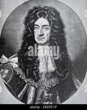 Karl der zweite, aus einem Gemälde von Kneller. Karl II. (29. Mai 1630 - 6. Februar 1685) war von 1649 bis 1651 König von Schottland und von 1660 bis zu seinem Tod 1685 König von Schottland, England und Irland. Stockfoto