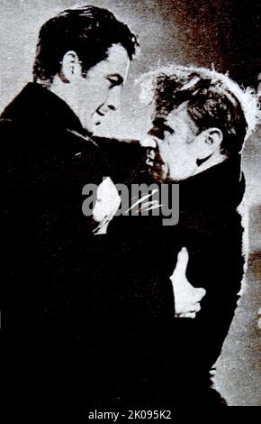 Robert Taylor und Wallace Beery in Stand Up and Fight, einem amerikanischen Western-Film aus dem Jahr 1939. Robert Taylor (geboren als Spangler Arlington Brugh; 5. August 1911 - 8. Juni 1969) war ein amerikanischer Film- und Fernsehschauspieler und Sänger, der zu den beliebtesten führenden Männern seiner Zeit gehörte. Wallace Fitzgerald Beery (1. April 1885 - 15. April 1949) war ein amerikanischer Film- und Bühnenschauspieler. Stockfoto