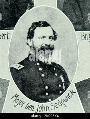 Brigadegeneral John Sedgwick. John Sedgwick (13. September 1813 - 9. Mai 1864) war während des amerikanischen Bürgerkrieges Militäroffizier und General der Union Army. Bei der Schlacht von Antietam wurde er dreimal verletzt, während er seine Division bei einem erfolglosen Angriff auf konföderierte Streitkräfte anführte, was ihn dazu brachte, die Schlacht von Fredericksburg zu verpassen. Sedgwick wurde am 9. Mai 1864 von einem Scharfschützenschütze im Schlacht von Spotsylvania Court House getötet. Stockfoto