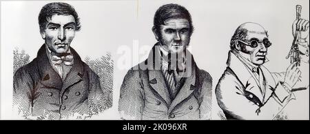 Foto von William Hare, William Burke und Dr. Robert Knox. Bei den Morden von Burke und Hare handelte es sich um eine Serie von 16 Tötungen, die 1828 in Edinburgh, Schottland, über einen Zeitraum von etwa zehn Monaten verübt wurden. Sie wurden von William Burke und William Hare durchgeführt, die die Leichen bei seinen Anatomievorträgen an Robert Knox zur Dissektion verkauften. Die Morde weckten das öffentliche Bewusstsein für die Notwendigkeit von Einrichtungen für medizinische Forschung und trugen zur Verabschiedung des Anatomy Act 1832 bei. Stockfoto