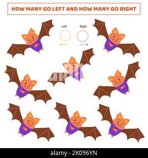 Wie viele gehen links.wie viele gehen rechts.Zählen Spiel mit niedlichen Cartoon bat.Arbeitsblatt für Kinder. Stockfoto