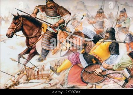 Dschingis Khan (ca. 1158 - 18. August 1227), geboren in Temujin, war der Gründer und erste große Khan (Kaiser) des mongolischen Reiches, das nach seinem Tod zum größten zusammenhängenden Reich der Geschichte wurde. Er kam an die Macht, indem er viele der nomadischen Stämme Nordostasiens vereinte. Nach der Gründung des Imperium und der Proklamation zum universellen Herrscher der Mongolen, oder Dschingis Khan, startete er die mongolischen Invasionen, die schließlich den größten Teil Eurasiens eroberten und bis nach Westen wie Polen und bis nach Süden wie Ägypten reichen. Stockfoto