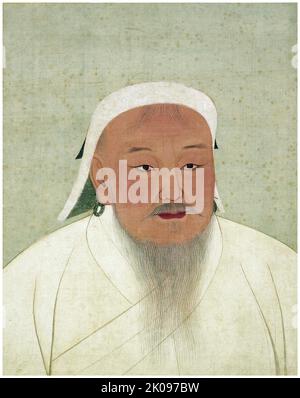 Dschingis Khan (ca. 1158 - 18. August 1227), geboren in Temujin, war der Gründer und erste große Khan (Kaiser) des mongolischen Reiches, das nach seinem Tod zum größten zusammenhängenden Reich der Geschichte wurde. Er kam an die Macht, indem er viele der nomadischen Stämme Nordostasiens vereinte. Nach der Gründung des Imperium und der Proklamation zum universellen Herrscher der Mongolen, oder Dschingis Khan, startete er die mongolischen Invasionen, die schließlich den größten Teil Eurasiens eroberten und bis nach Westen wie Polen und bis nach Süden wie Ägypten reichen. Stockfoto