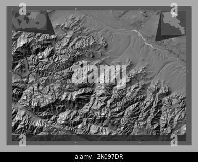 Tavush, Provinz Armenien. Bilevel-Höhenkarte mit Seen und Flüssen. Standorte der wichtigsten Städte der Region. Karten für zusätzliche Eckposition Stockfoto