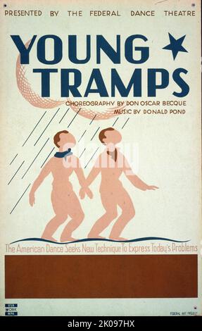 Plakat für die Präsentation des Federal Dance Theatre Project von Young Tramps mit zwei Männern, die im Regen laufen. Choreographie von Don Oscar Becque, Musik von Donald Pond. Stockfoto