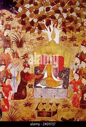 Dschingis Khan (Mitte) bei der Krönung seines Sohnes Ogedei, Rashid al-DIN, Anfang des 14.. Jahrhunderts. Dschingis Khan (ca. 1158 - 18. August 1227), geboren in Temujin, war der Gründer und erste große Khan (Kaiser) des mongolischen Reiches, das nach seinem Tod zum größten zusammenhängenden Reich der Geschichte wurde. Er kam an die Macht, indem er viele der nomadischen Stämme Nordostasiens vereinte. Nach der Gründung des Imperium und der Proklamation zum universellen Herrscher der Mongolen, oder Dschingis Khan, startete er die mongolischen Invasionen, die schließlich den größten Teil Eurasiens eroberten und bis nach Westen wie Polen und bis nach Süden wie Ägypten reichen. Stockfoto