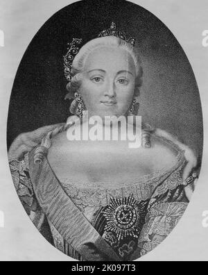 Kaiserin von Russland. Elizabeth Petrovna (18. Dezember 1709 - 25. Dezember 1761), auch bekannt als Yelisaveta oder Elizaveta, regierte von 1741 bis zu ihrem Tod im Jahr 1762 als Kaiserin von Russland. Sie bleibt eine der populärsten russischen Monarchen wegen ihrer Entscheidung, während ihrer Regierungszeit keine einzige Person zu exekutieren, ihrer zahlreichen Bauprojekte und ihres starken Widerstands gegen die preußische Politik. Stockfoto