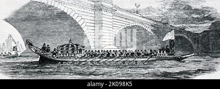 Royal Barge passiert die London Bridge, um die Eröffnung der Coal Exchange in London zu markieren. Die London Coal Exchange befand sich auf der Nordseite der Thames Street in der City of London. Die ursprüngliche Kohlebörse wurde 1770 eröffnet. Ein zweites Gebäude aus dem Jahr 1805 wurde von 1847 bis 1849 durch ein neues Zweckgebäude ersetzt und am 30. Oktober 1849 von Prinz Albert eröffnet. Stockfoto