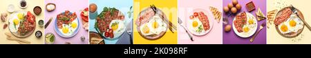Collage aus leckeren Spiegeleiern mit Speck, Gemüse und Brot auf farbigem Hintergrund, Draufsicht Stockfoto