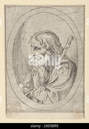 Der heilige Jude im Gebet, im Profil nach links mit einem Stab, der auf seiner Schulter in einem ovalen Rahmen liegt, von Christus, der Jungfrau und den dreizehn Aposteln (1600-1640). Stockfoto