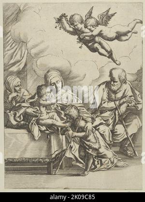 Die Heilige Familie mit dem jungen Johannes dem Täufer und der heiligen Elisabeth, zwei Engel oben, nach Reni, ca. 1590-1610. Stockfoto
