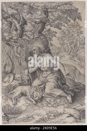 Heiliger Hieronymus in der Wildnis, mit einem Löwen links, 1578-80. Stockfoto